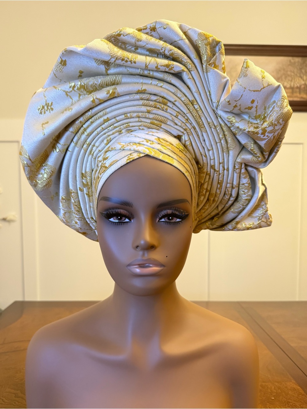 Ivory and Gold Floral Damask AutoGele Headwrap